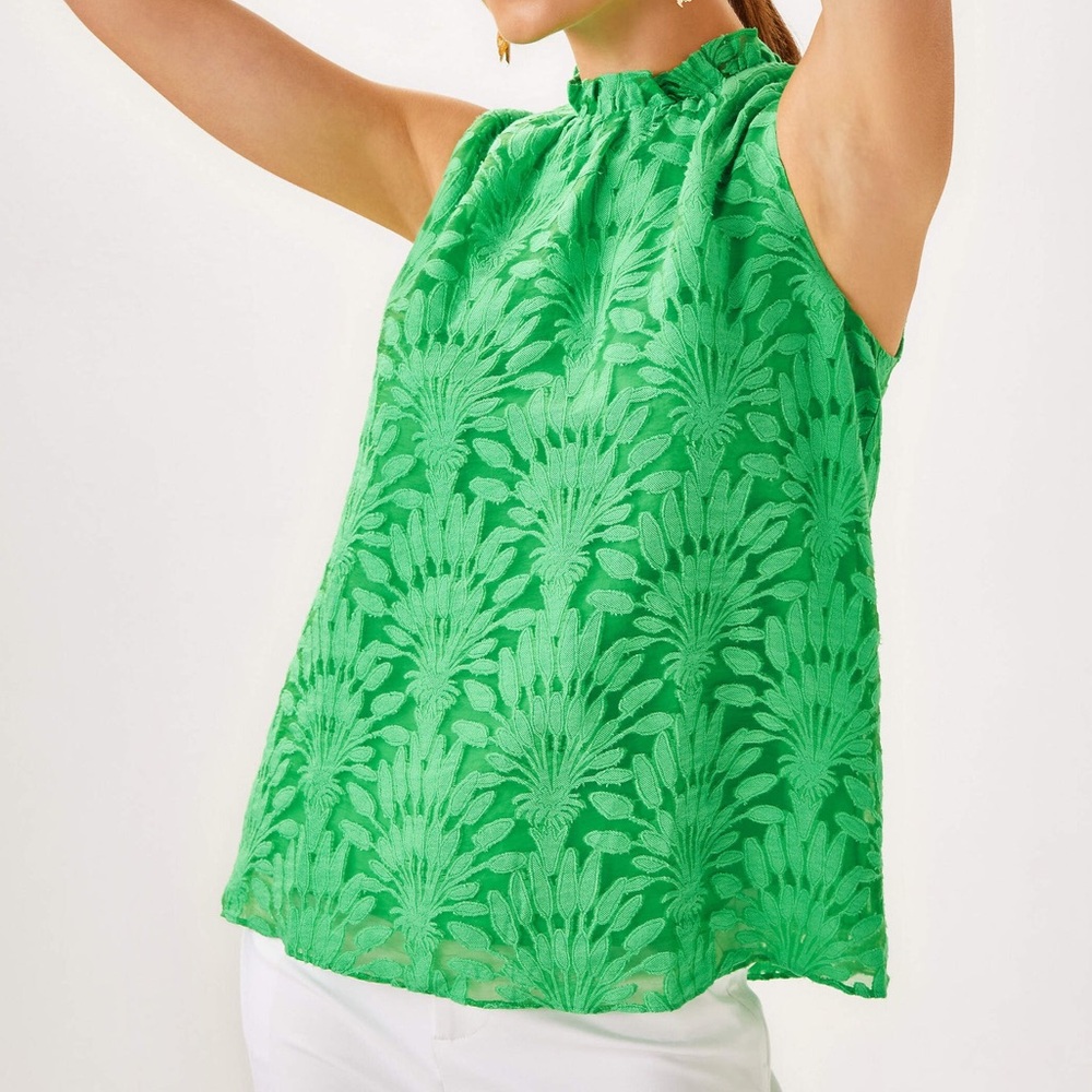 Lilly Pulitzer Toyla Top Bow Neck Fauna Green Stacked Palm Burnout Size 00